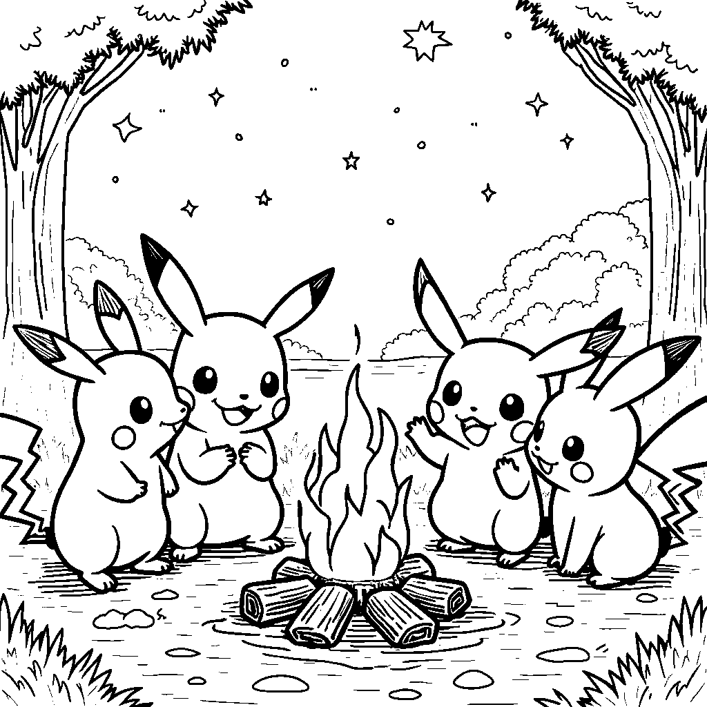 Pokémon having a campfire and making s'mores