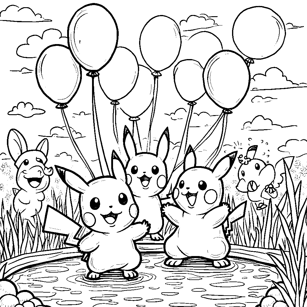 Pokémon having a water balloon fight