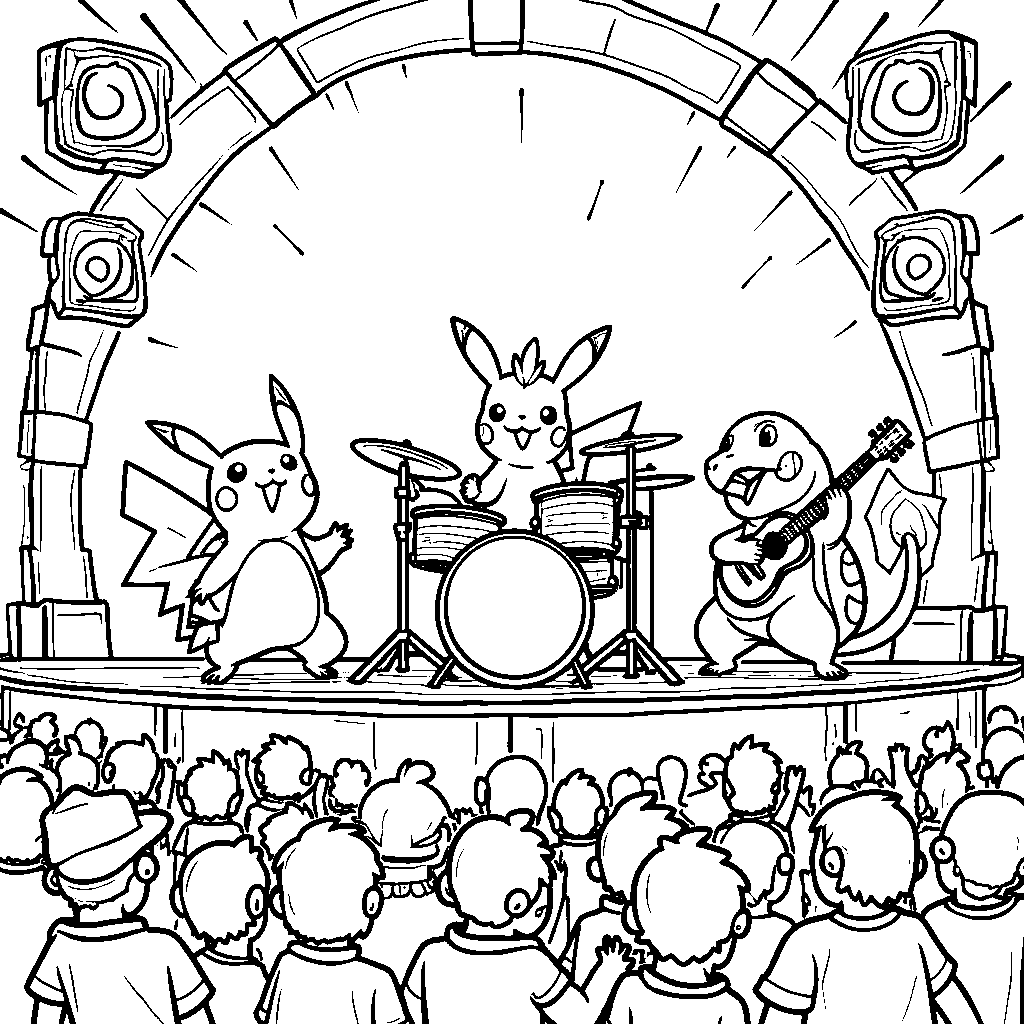 Pokémon in a band performing on stage