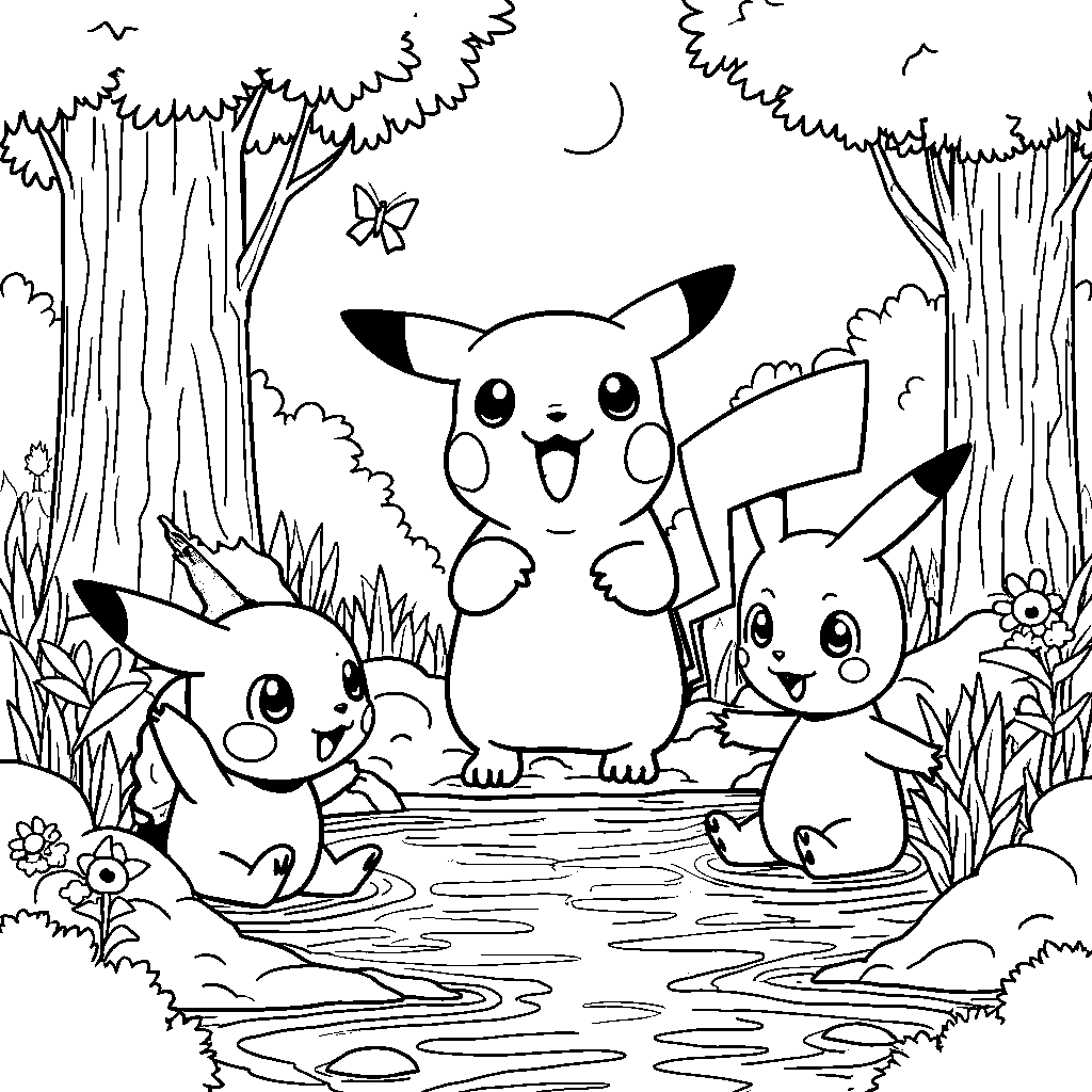 Pokémon in a forest, each one interacting with nature