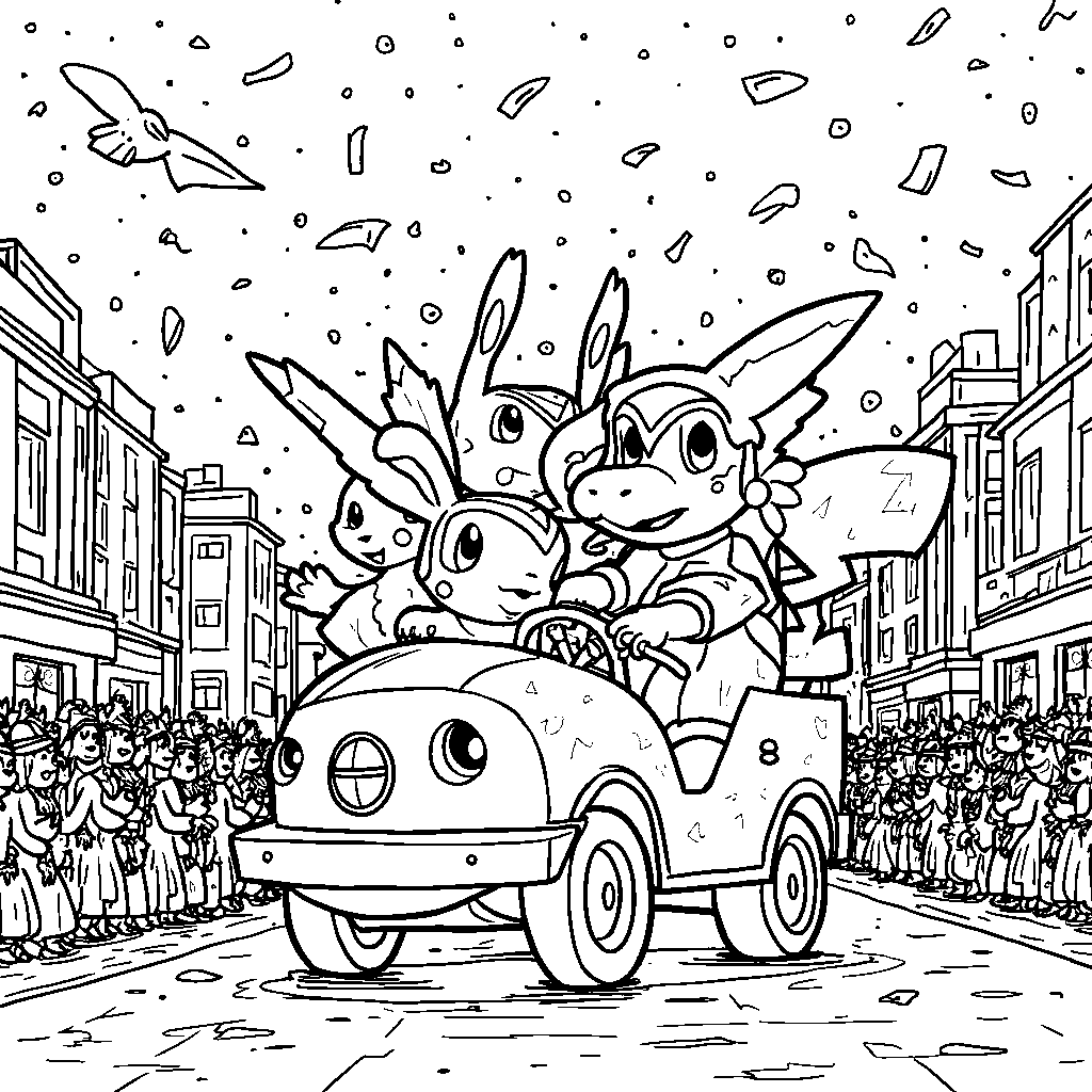 Pokémon in a parade with colorful floats