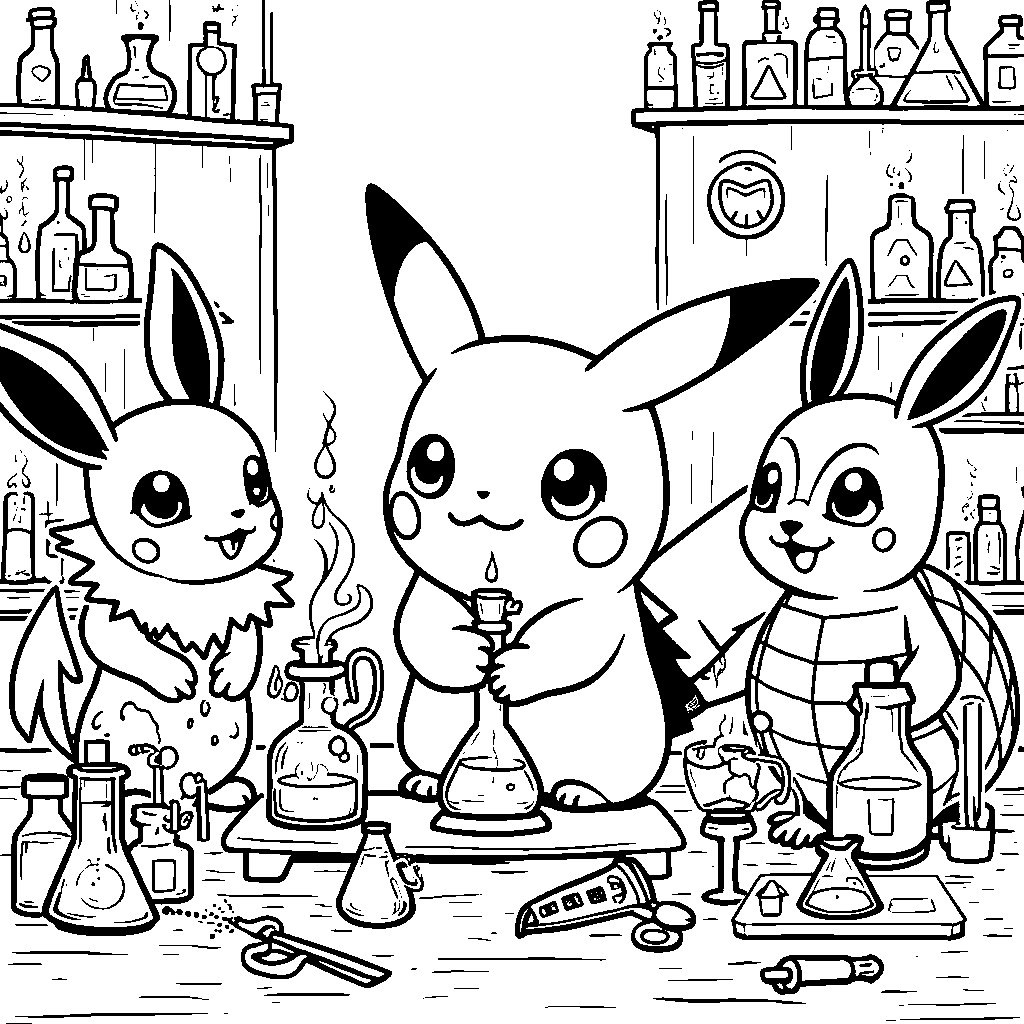 Pokémon in a science lab conducting experiments