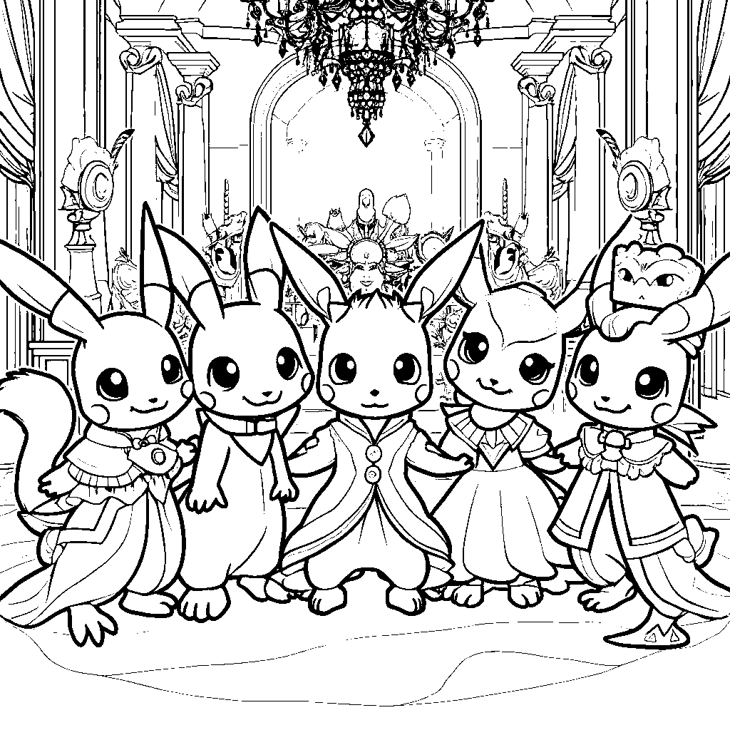 Pokémon in costumes for a masquerade ball