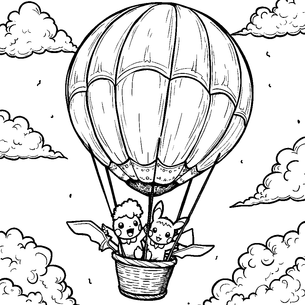 Pokémon riding on a hot air balloon