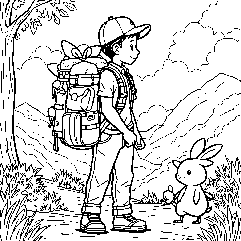 A Pokémon trainer with a backpack full of gear