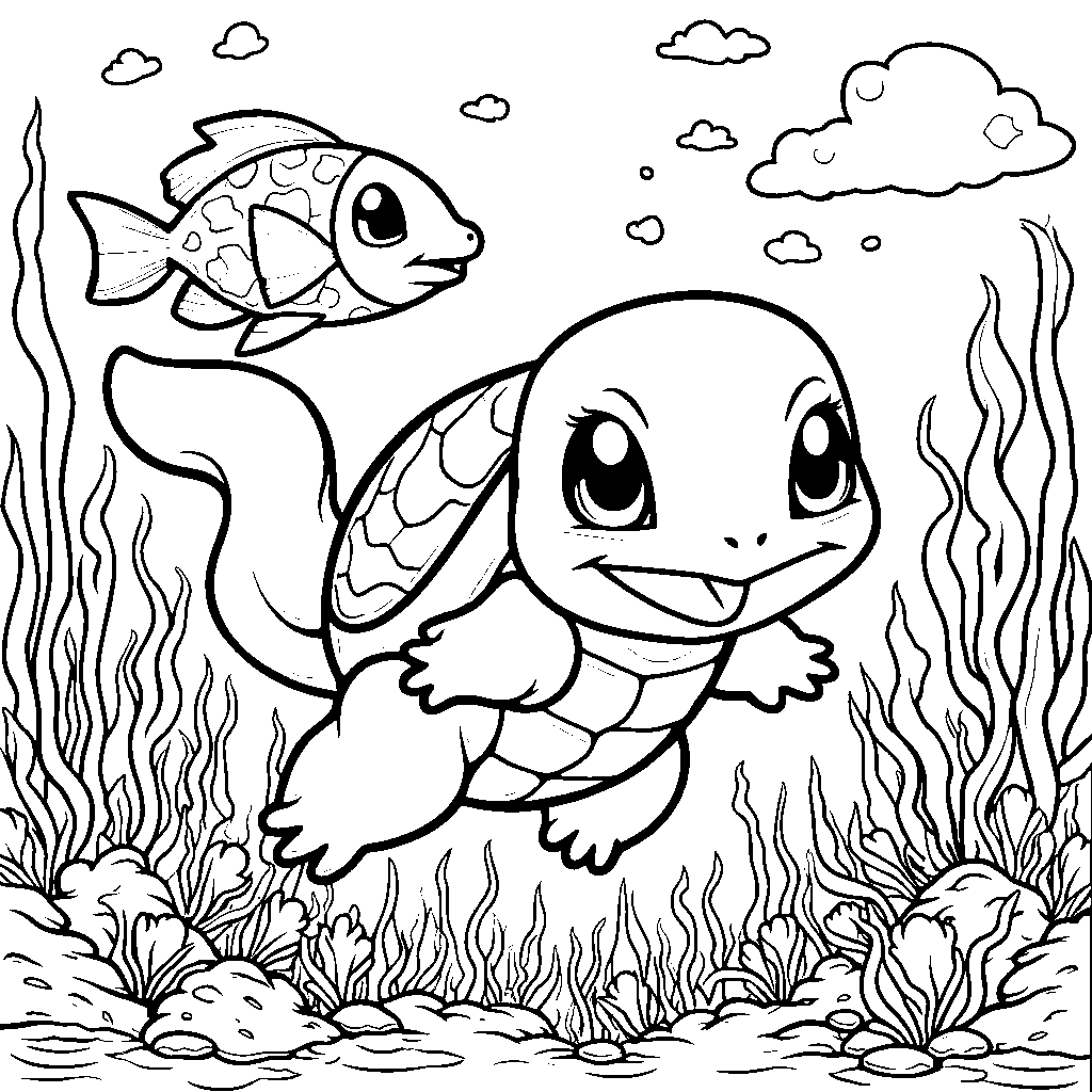 Squirtle swimming with fish friends