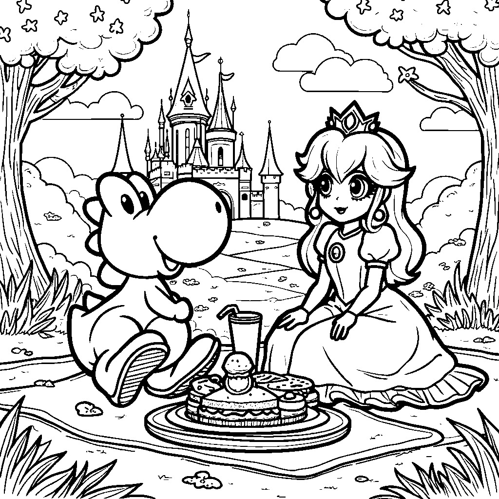 Princess Peach having a picnic with Yoshi