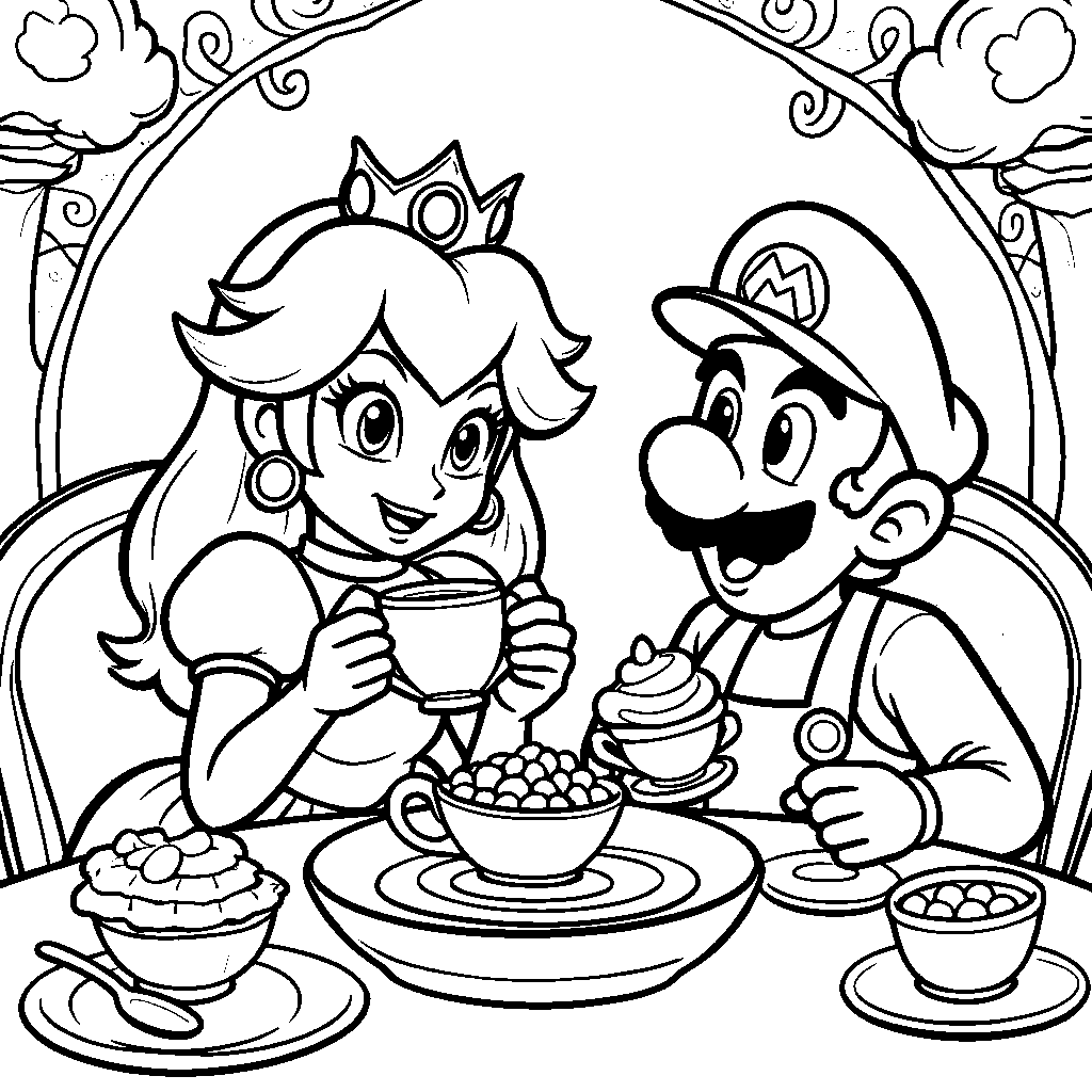 Princess Peach having a tea party with Mario and Luigi