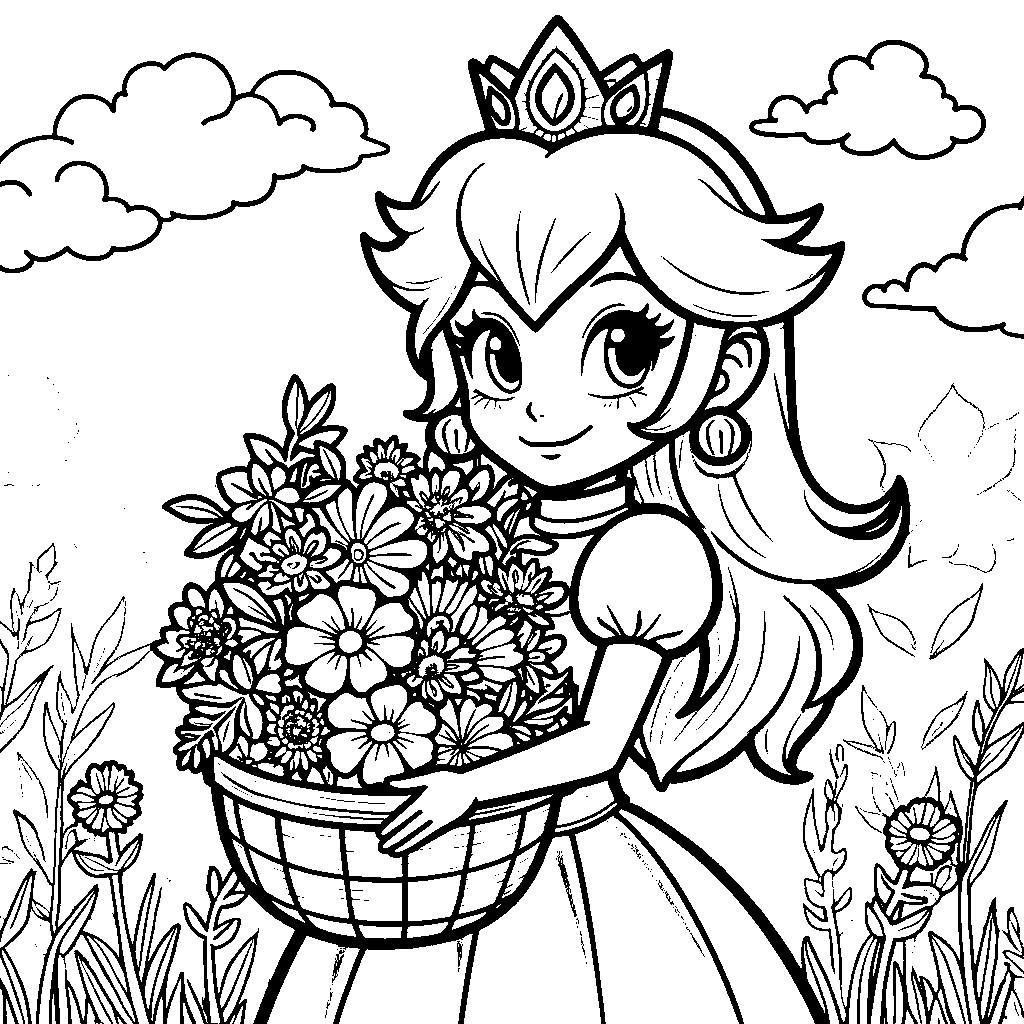 Princess Peach holding a basket of colorful flowers