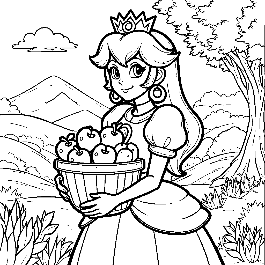 Princess Peach holding a basket of freshly picked apples