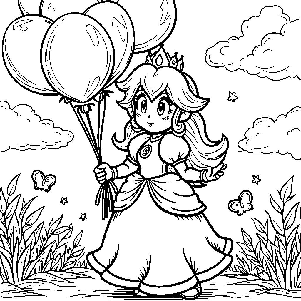 Princess Peach holding a bouquet of balloons