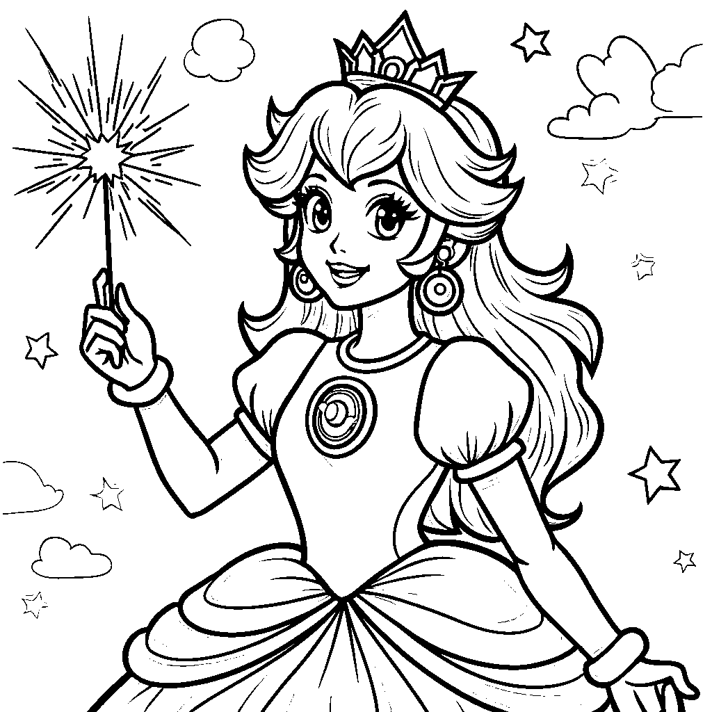 Princess Peach holding a magic wand and sparkling stars