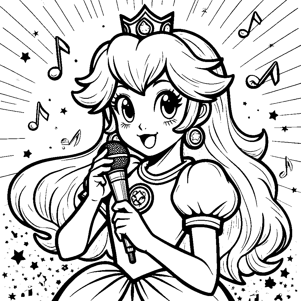 Princess Peach holding a microphone and singing