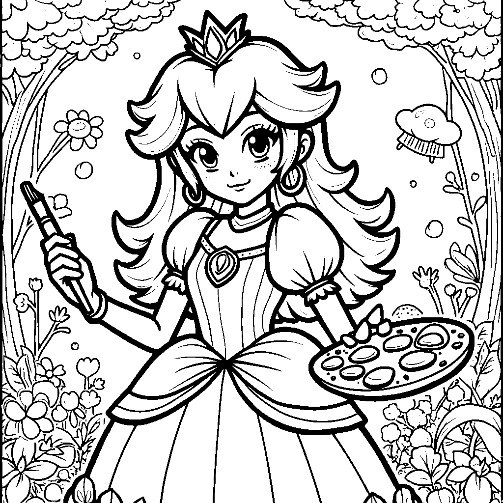 Princess Peach holding a paintbrush and palette