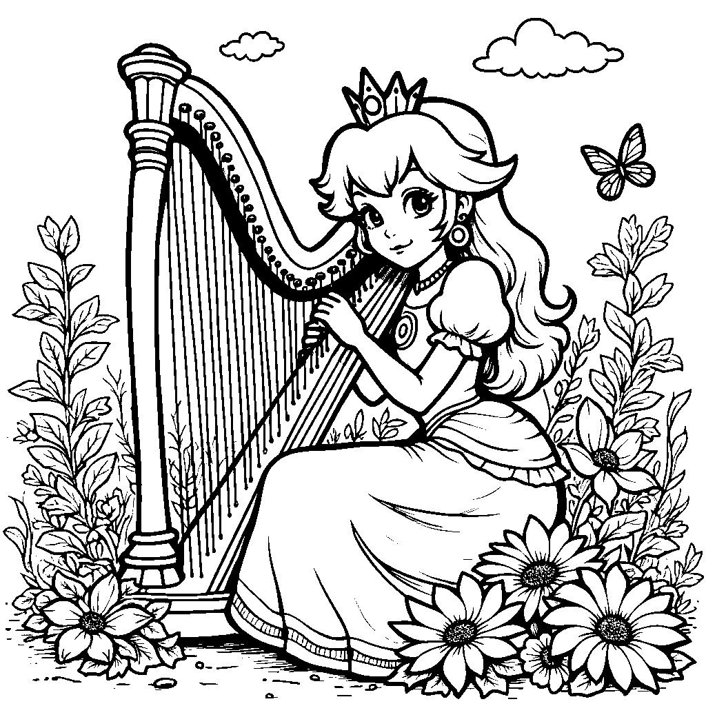 Princess Peach playing a harp in a beautiful garden