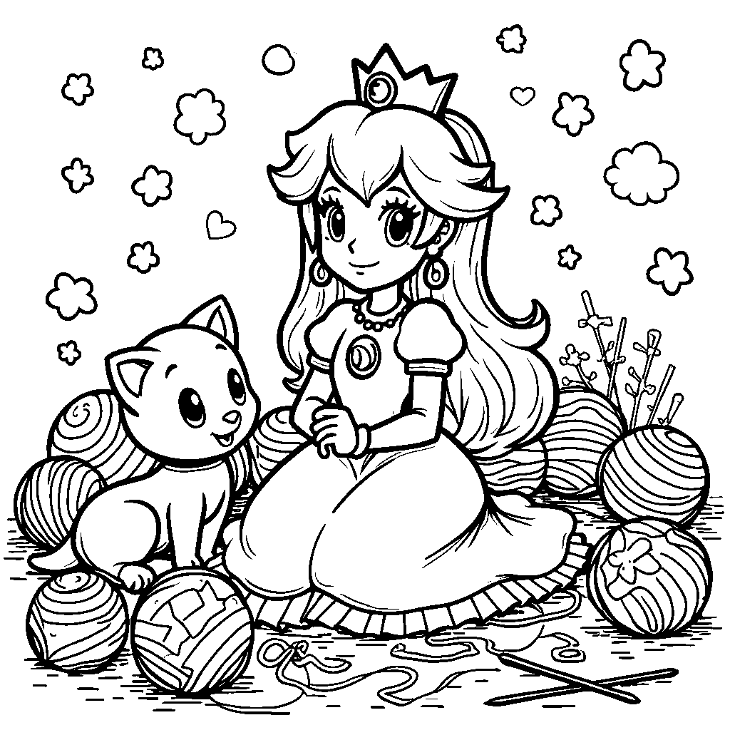 Princess Peach playing with a ball of yarn and a kitten