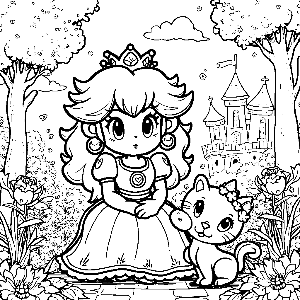 Princess Peach playing with a kitten in the castle gardens