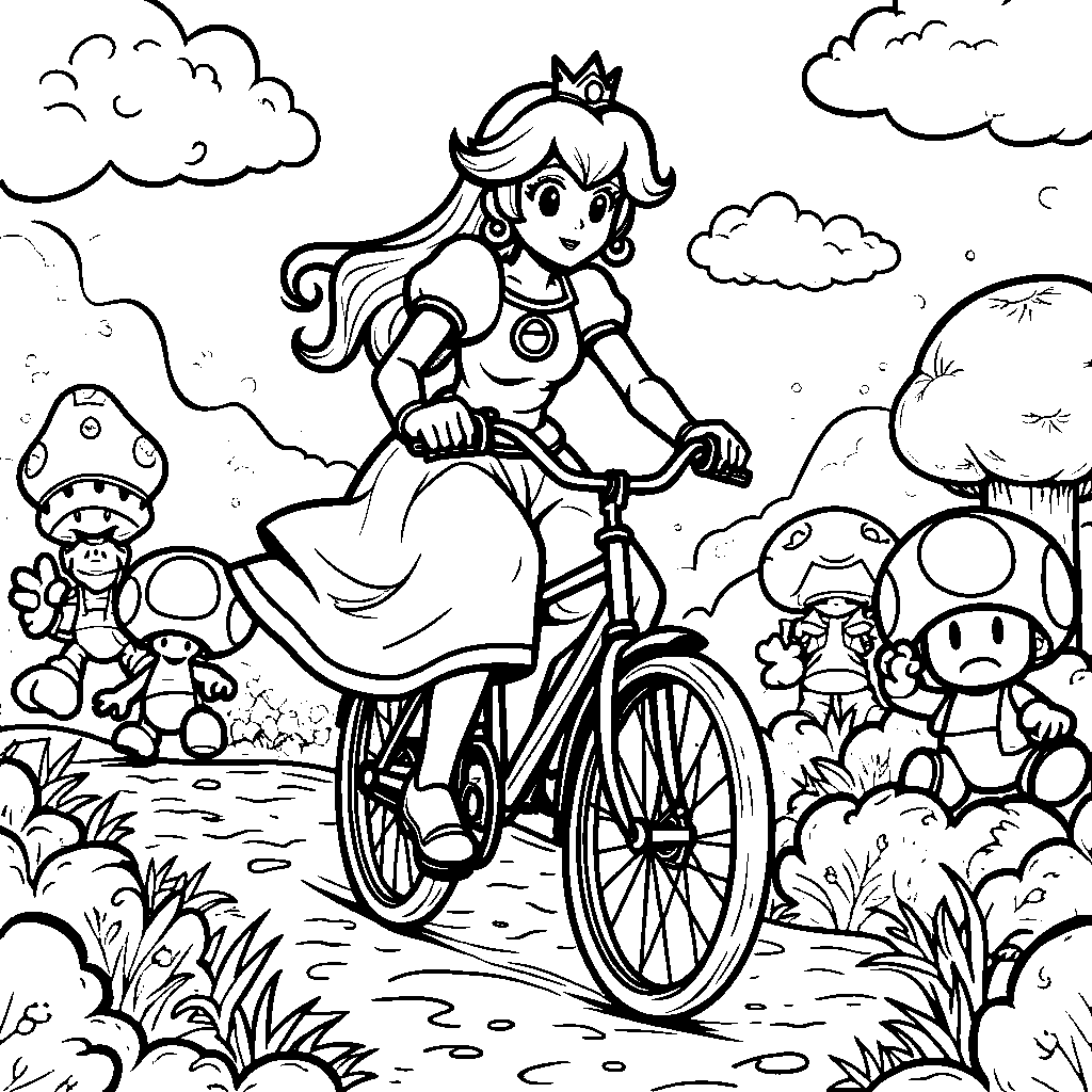 Princess Peach riding a bicycle through the Mushroom Kingdom