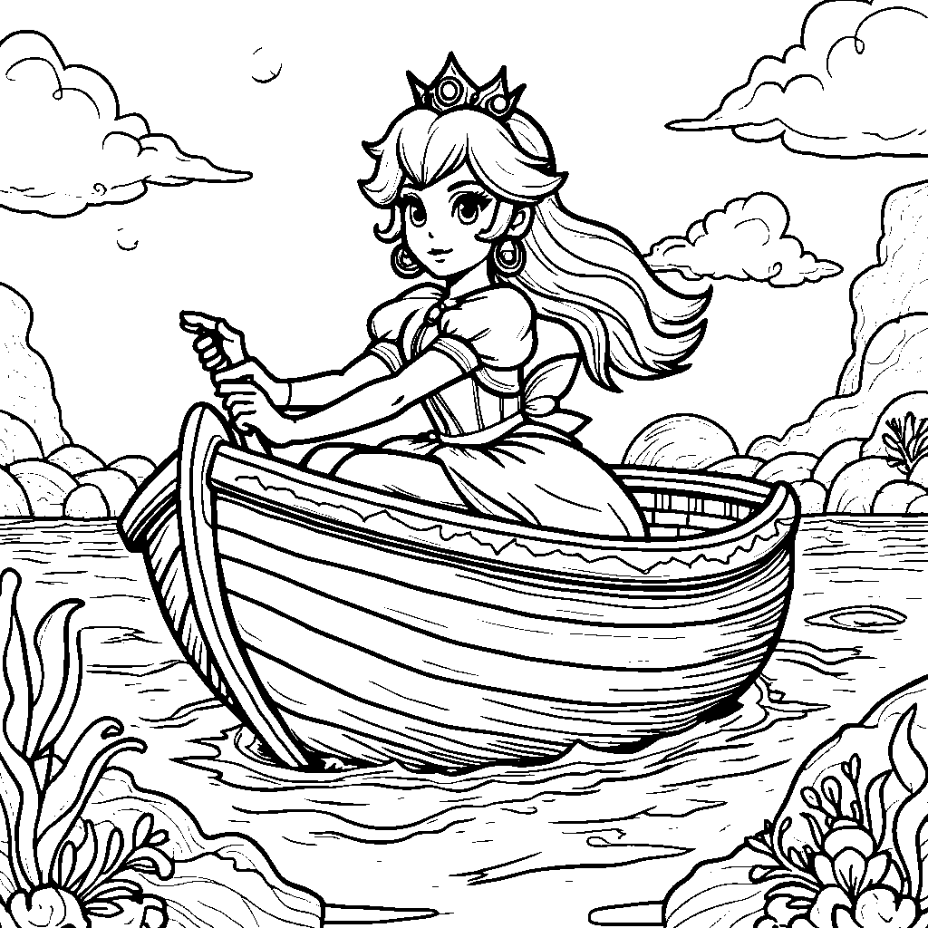 Princess Peach riding a boat through the ocean