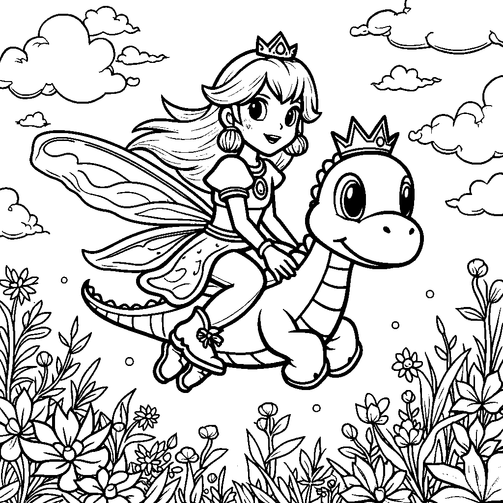 Princess Peach riding a dragonfly through the air