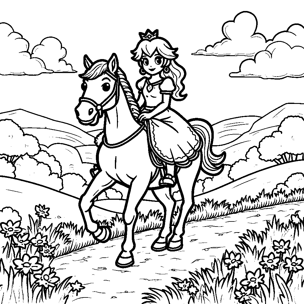 Princess Peach riding a horse through the countryside