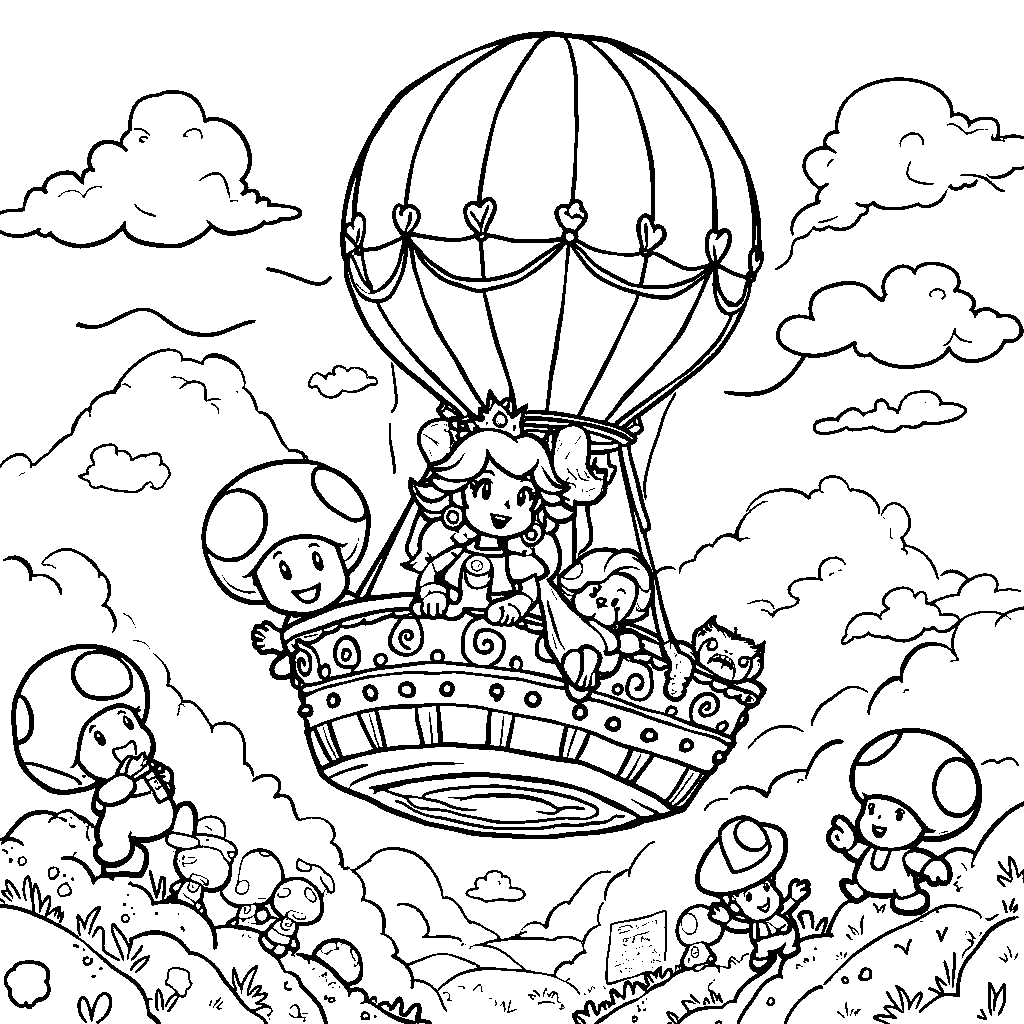 Princess Peach riding a hot air balloon above the kingdom