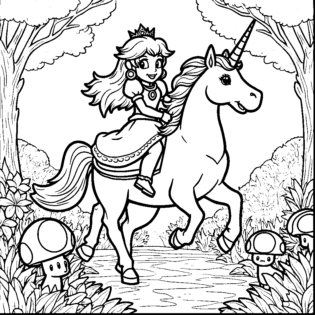 Princess Peach riding a unicorn through the Mushroom Kingdom