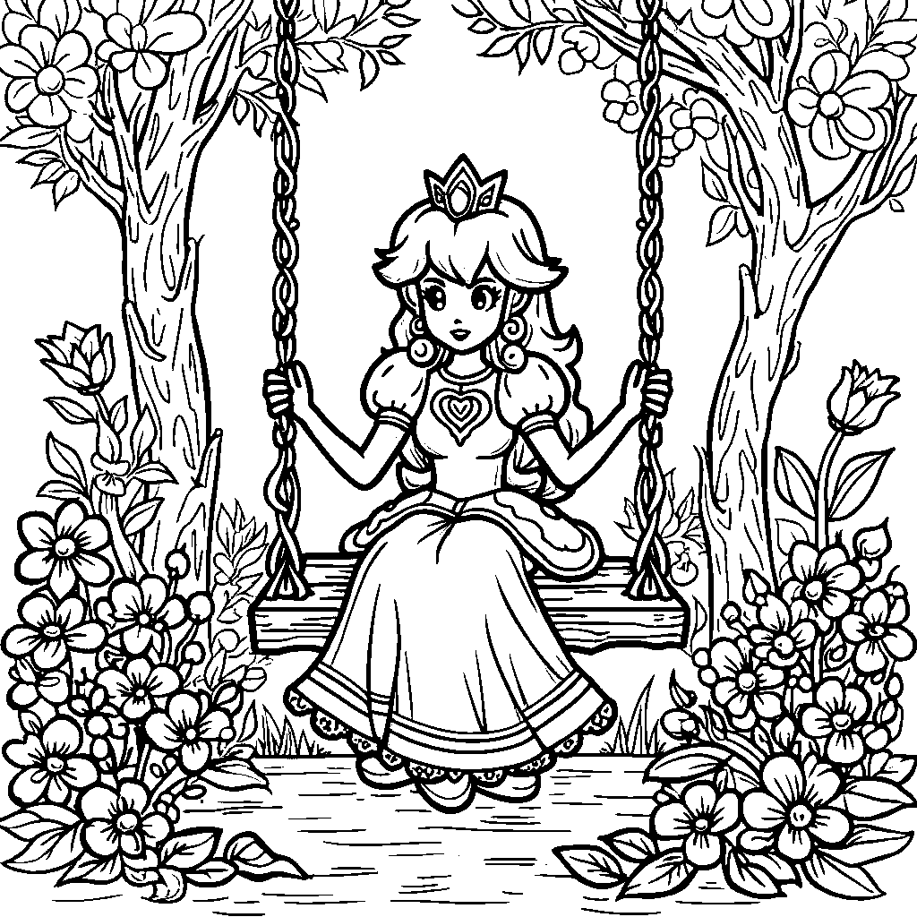 Princess Peach sitting on a swing surrounded by flowers