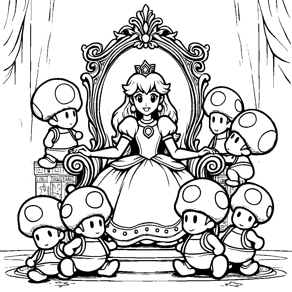 Princess Peach sitting on a throne surrounded by Toads