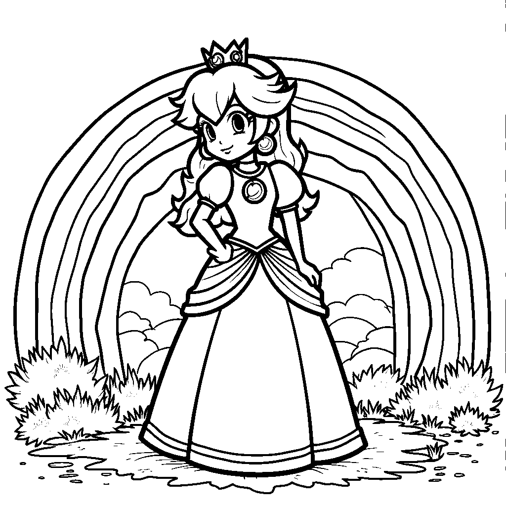 Princess Peach standing in front of a beautiful rainbow