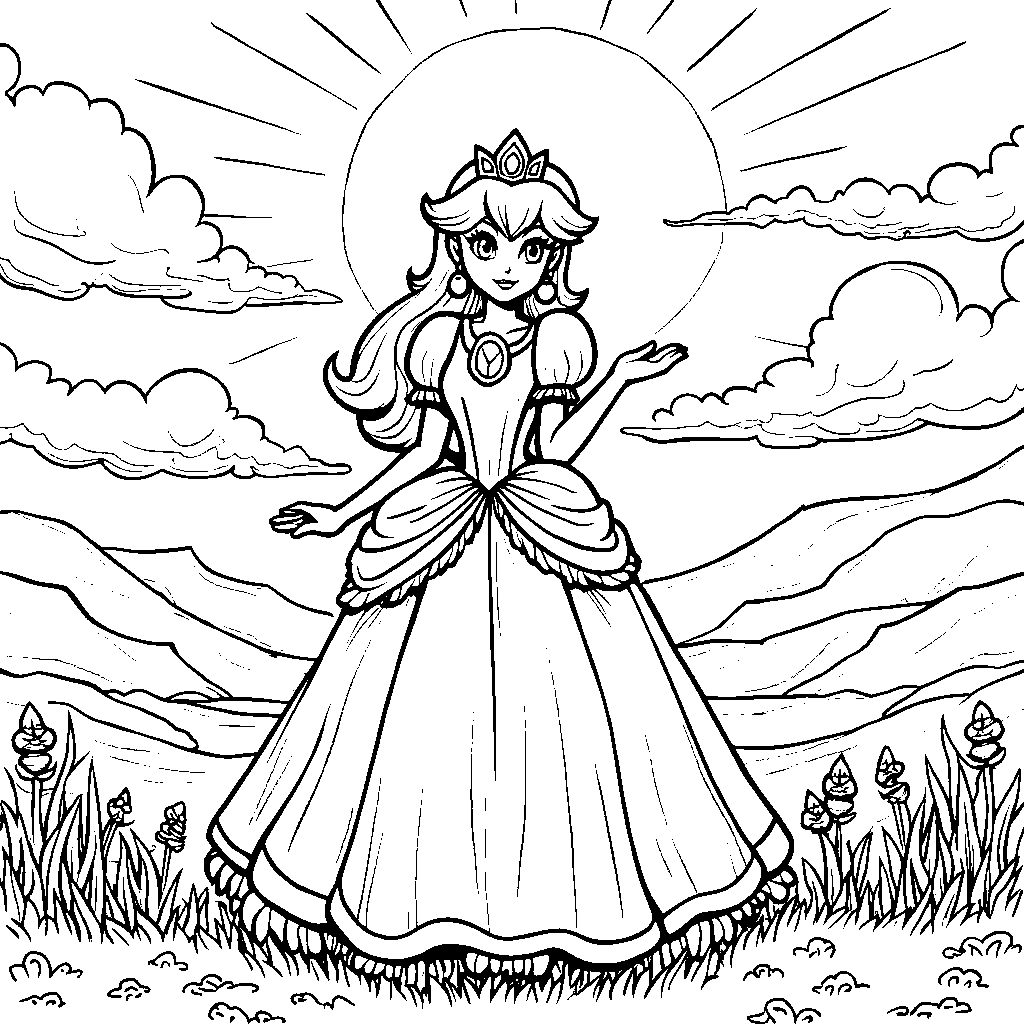 Princess Peach standing in front of a beautiful sunset