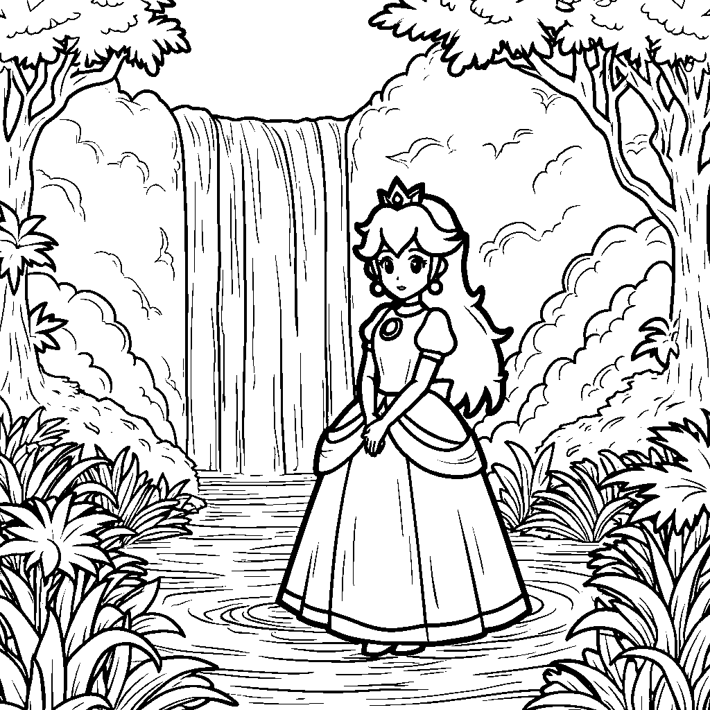 Princess Peach standing in front of a beautiful waterfall