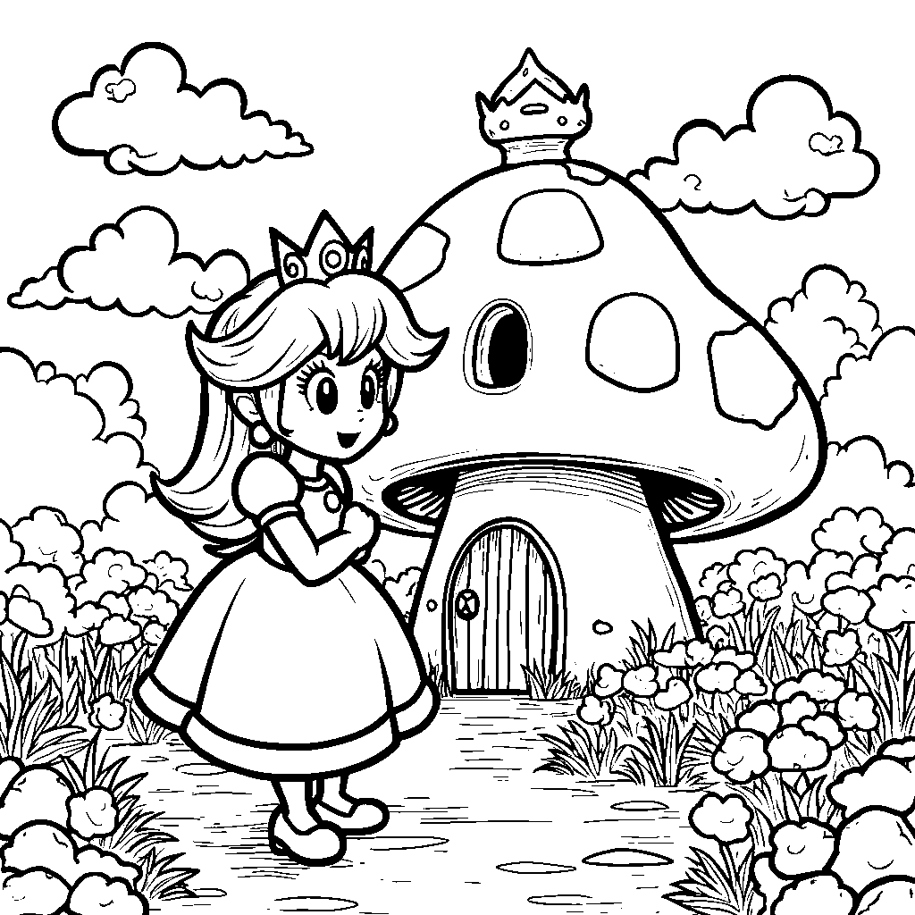 Princess Peach standing in front of a giant mushroom house