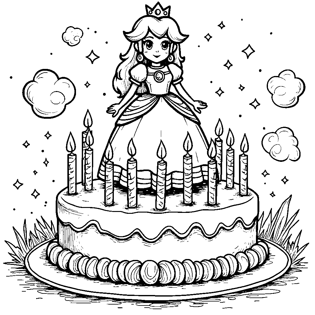 Princess Peach standing on top of a giant cake with candles