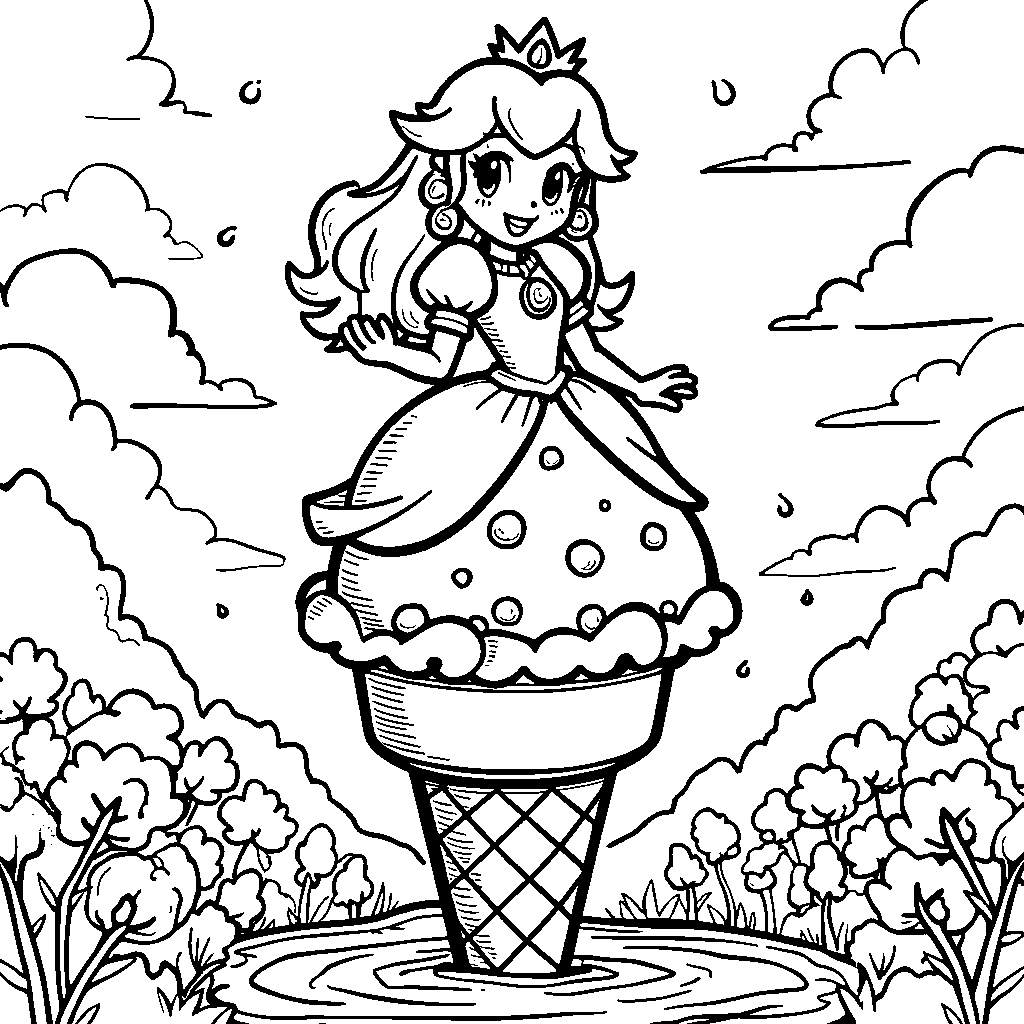 Princess Peach standing on top of a giant ice cream cone