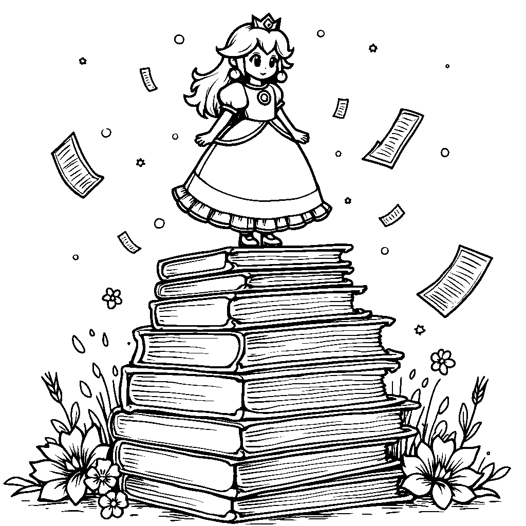 Princess Peach standing on top of a giant pile of books