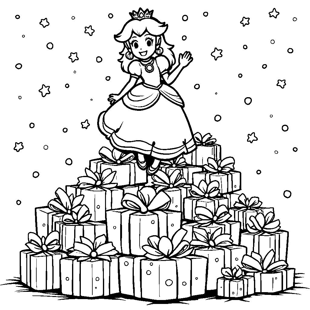 Princess Peach standing on top of a giant pile of presents