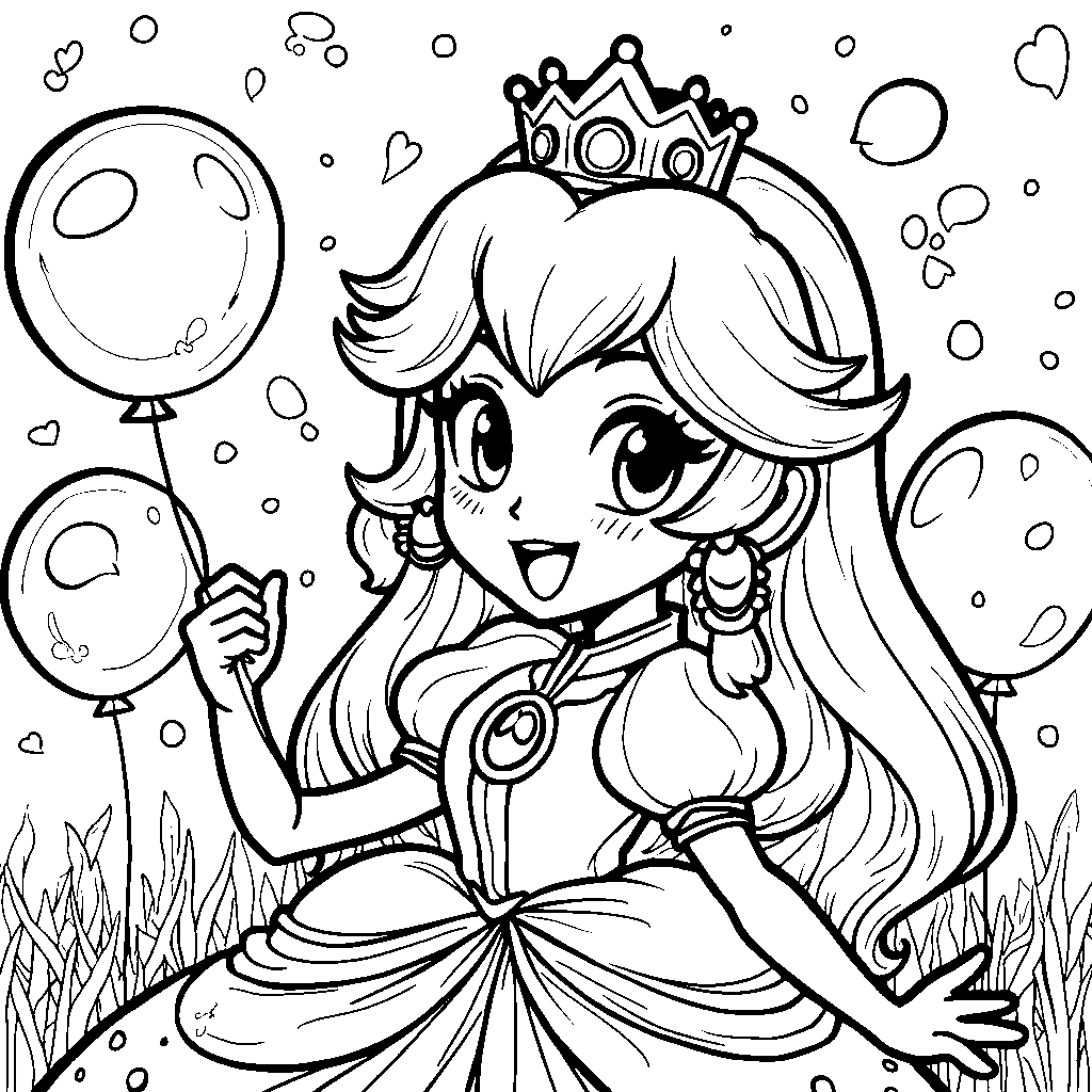 Princess Peach surrounded by bubbles and balloons