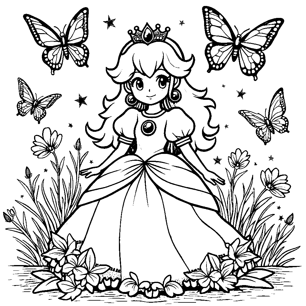 Princess Peach surrounded by fluttering butterflies