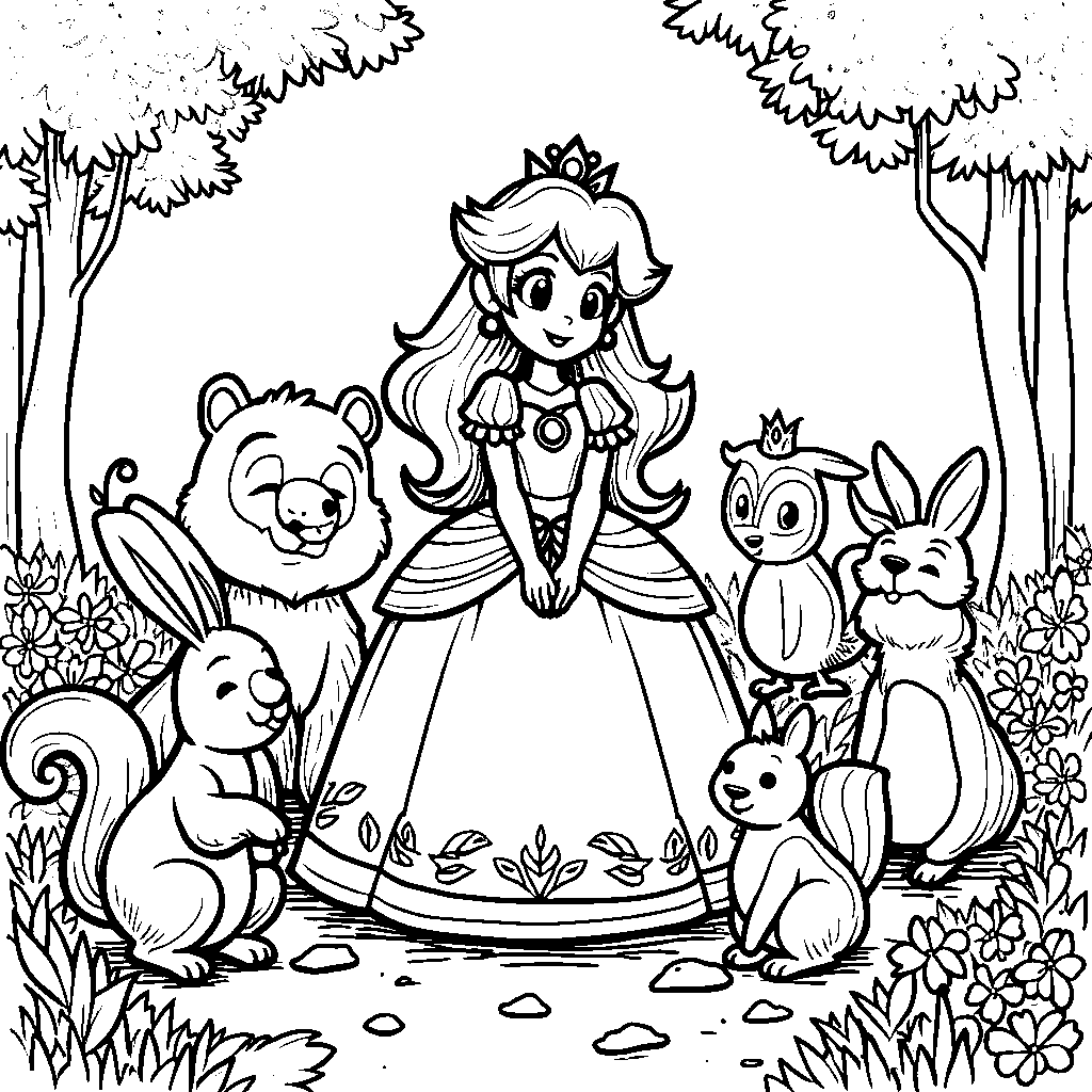 Princess Peach surrounded by a group of friendly animals