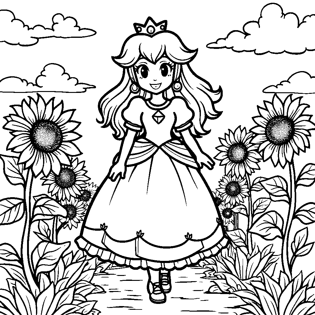 Princess Peach walking through a field of sunflowers