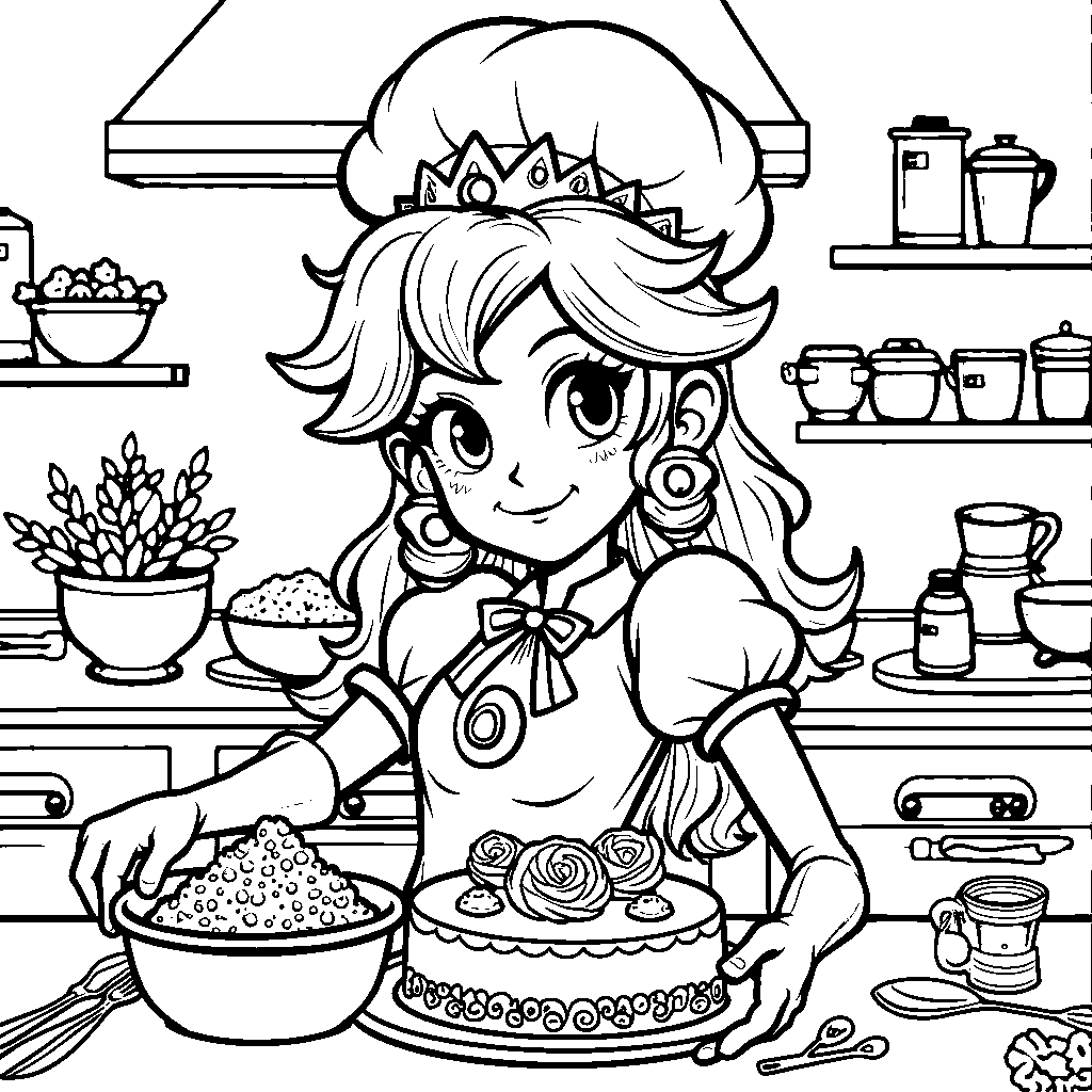 Princess Peach wearing a chef's hat and holding a cake