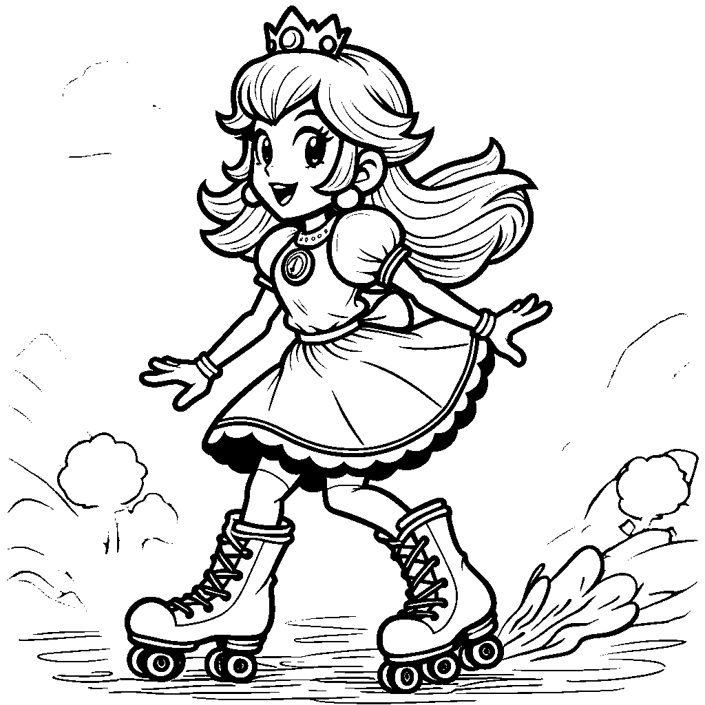 Princess Peach wearing a pair of roller skates and a helmet