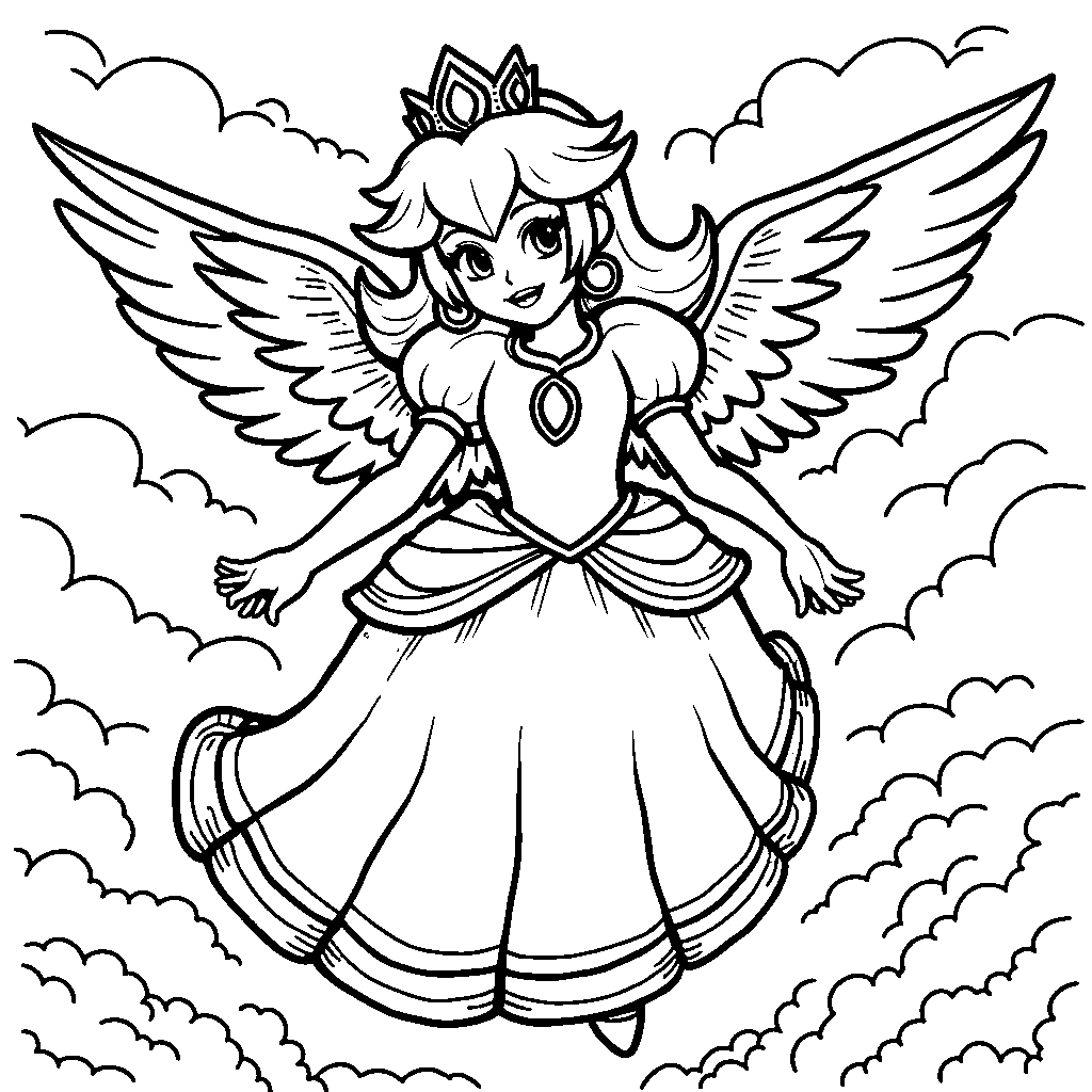 Princess Peach wearing a pair of wings and flying