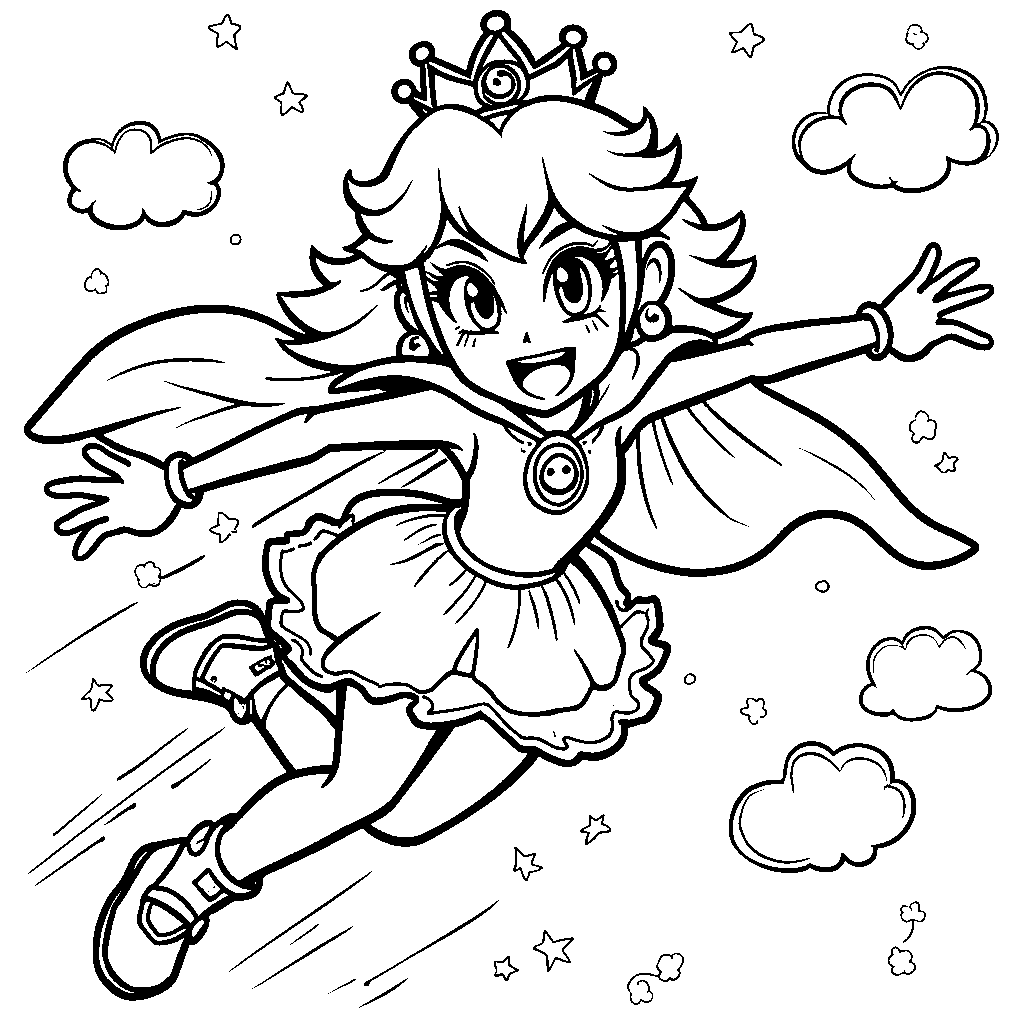 Princess Peach wearing a superhero cape and flying