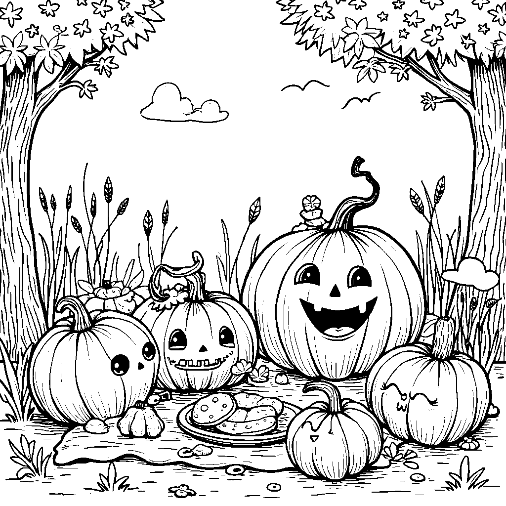 A group of pumpkins having a picnic