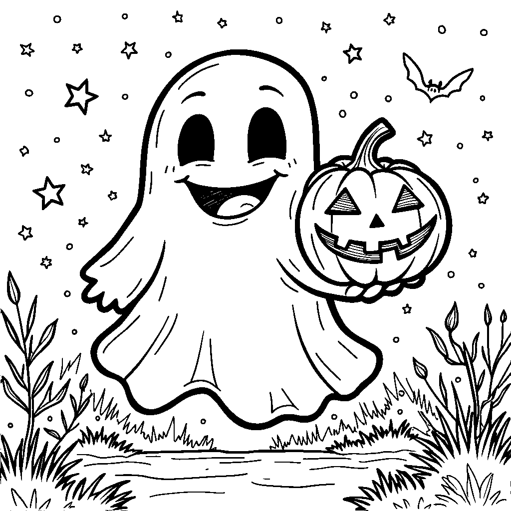 a pumpkin being carried by a happy ghost