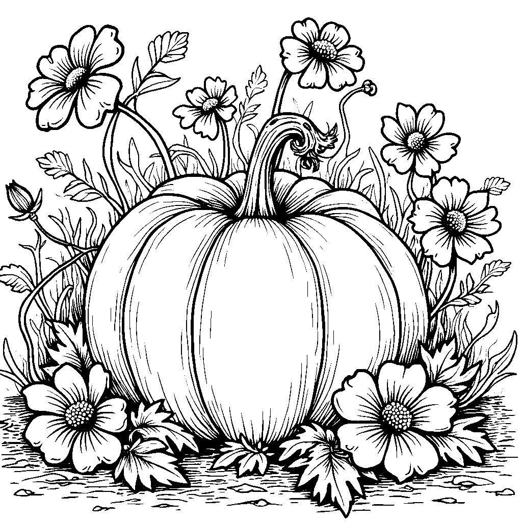 a pumpkin growing on a vine with flowers