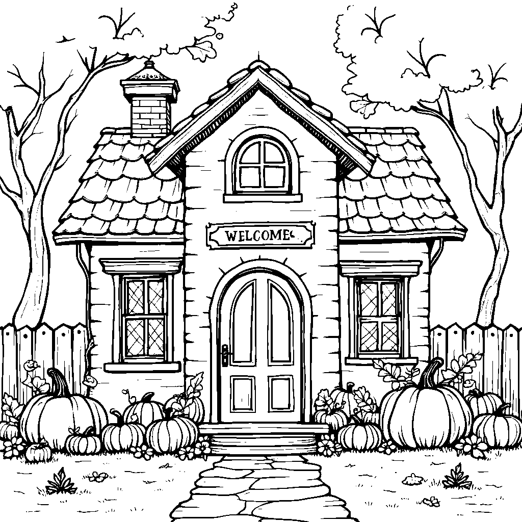 A pumpkin house with a welcome mat