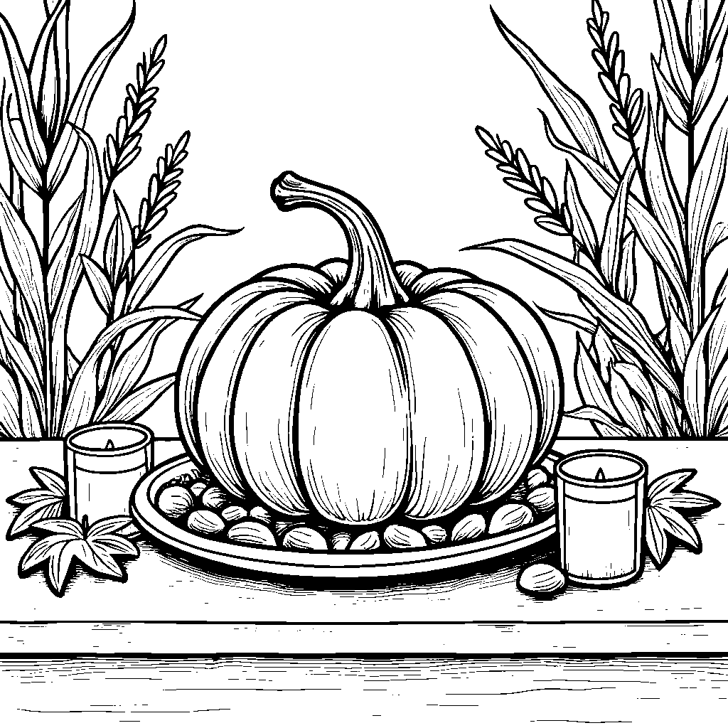 A pumpkin on a table with fall decorations